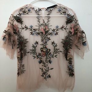 ZARA Sheer Top with Embroidered Flower detail XS